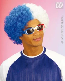 Pruik, Krullen Blauw / Wit
